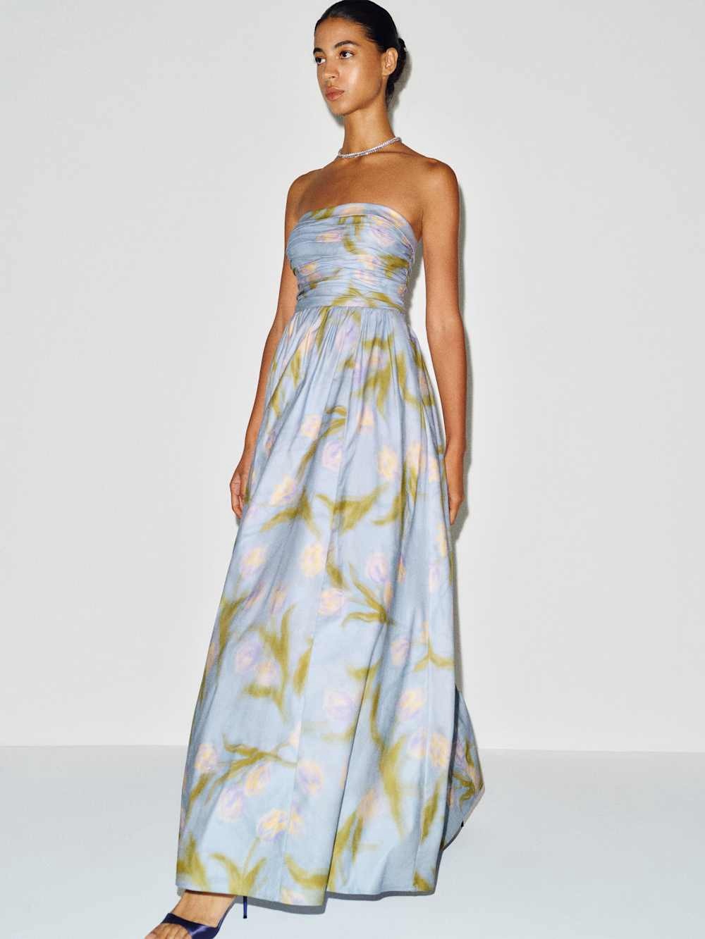 Reformation Kastoria Dress Impression Blue Floral Strapless Maxi Gown
